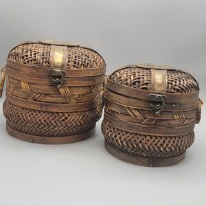 Vintage Chinese Woven Bamboo & Copper Lidded Baskets (Set of 2)